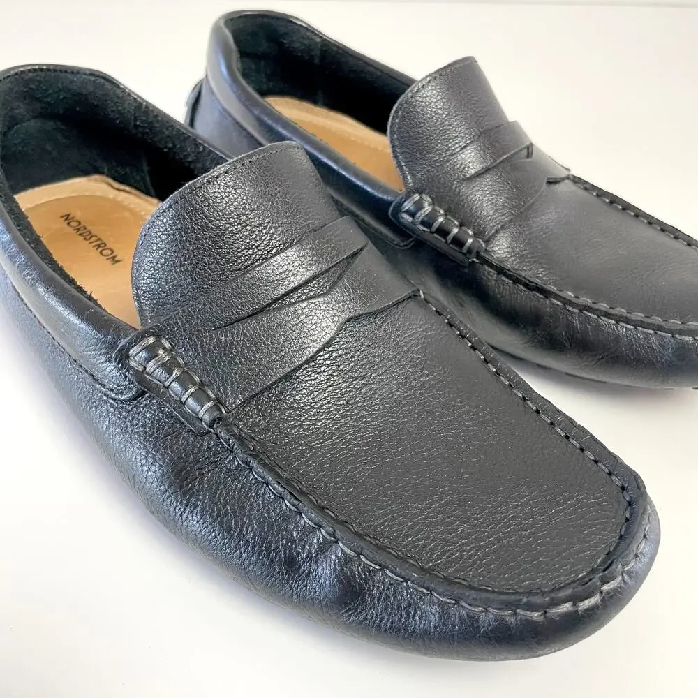 Nordstrom Leather Driving Penny Loafers Mens sz 8 Black Moccasins Mocs Old Money